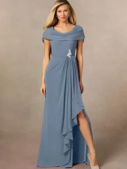 Bridal Mother Dress V-Neck Short Sleeves A-Line Pleated Floor-Length Wedding Guest Dresses