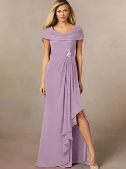 Bridal Mother Dress V-Neck Short Sleeves A-Line Pleated Floor-Length Wedding Guest Dresses