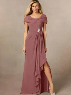 Bridal Mother Dress V-Neck Short Sleeves A-Line Pleated Floor-Length Wedding Guest Dresses