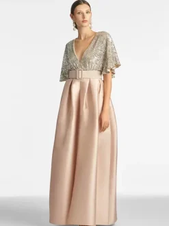 Bridal Mother Dress V-Neck Short Sleeves A-Line Sash Floor-Length Wedding Guest Dresses