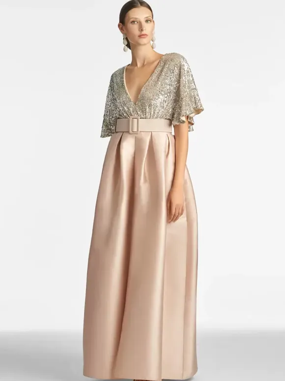 Bridal Mother Dress V-Neck Short Sleeves A-Line Sash Floor-Length Wedding Guest Dresses