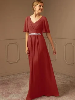 Bridal Mother Dress V-Neck Short Sleeves A-Line Sash Floor-Length Guest Dresses For Wedding