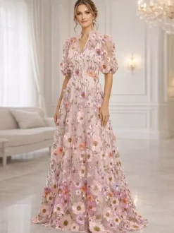 Bridal Mother Dress V-Neck Short Sleeves A-Line Flowers Guest Dresses For Wedding