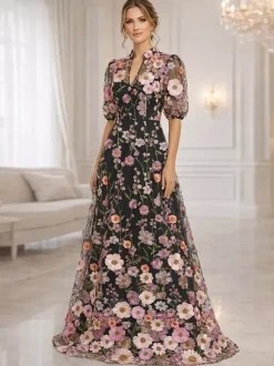 Bridal Mother Dress V-Neck Short Sleeves A-Line Flowers Guest Dresses For Wedding