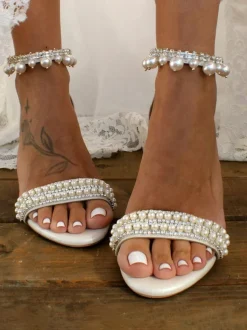 Bridal Sandals White PU Leather Chic Open Toe Pearls Wedding Sandals