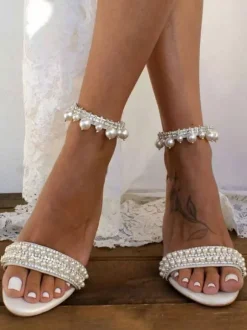 Bridal Sandals White PU Leather Chic Open Toe Pearls Wedding Sandals