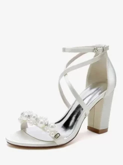 Bridal Sandals White Satin Chic Open Toe Rhinestones Wedding Sandals
