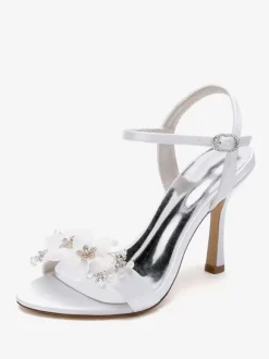 Bridal Sandals White Satin Fashion Open Toe Metal Details Wedding Sandals