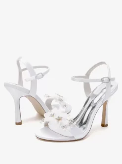 Bridal Sandals White Satin Fashion Open Toe Metal Details Wedding Sandals