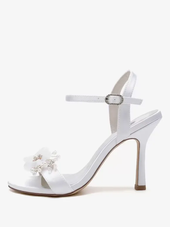 Bridal Sandals White Satin Fashion Open Toe Metal Details Wedding Sandals