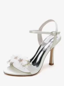 Bridal Sandals White Satin Fashion Open Toe Metal Details Wedding Sandals