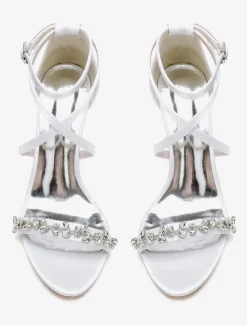 Bridal Sandals White Satin Sexy Open Toe Rhinestones Wedding Sandals
