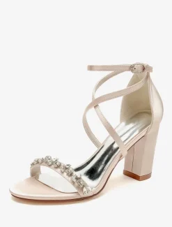 Bridal Sandals White Satin Sexy Open Toe Rhinestones Wedding Sandals
