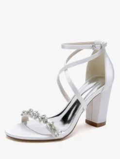 Bridal Sandals White Satin Sexy Open Toe Rhinestones Wedding Sandals