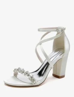 Bridal Sandals White Satin Sexy Open Toe Rhinestones Wedding Sandals