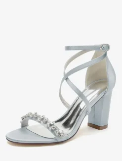 Bridal Sandals White Satin Sexy Open Toe Rhinestones Wedding Sandals