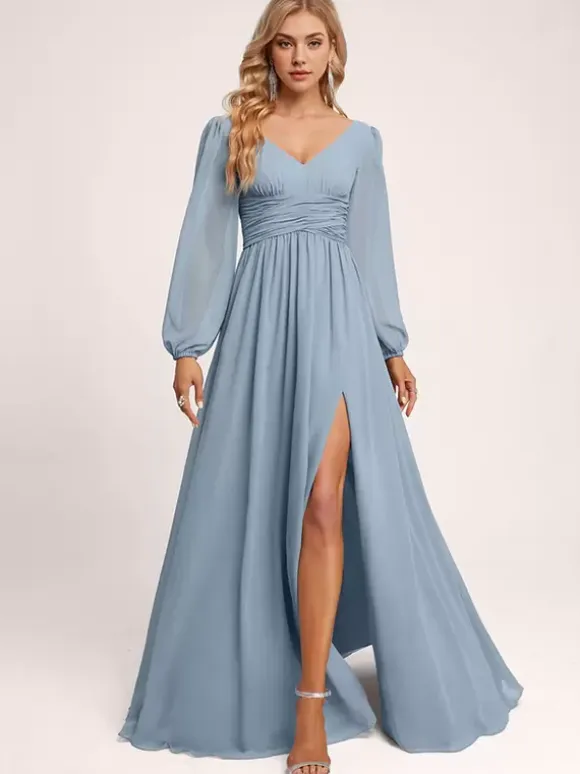 Bridesmaid Dress A-Line Floor-Length Zipper Chiffon Formal Gowns