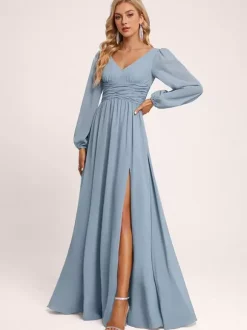 Bridesmaid Dress A-Line Floor-Length Zipper Chiffon Formal Gowns