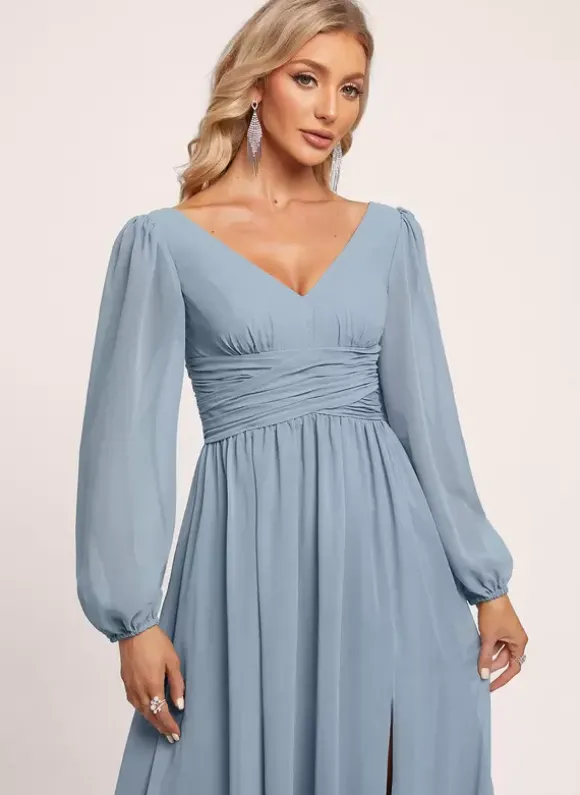 Bridesmaid Dress A-Line Floor-Length Zipper Chiffon Formal Gowns