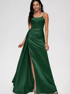 Bridesmaid Dress Ball Gown Floor-Length Zipper Elastic Woven Satin Wedding Party Dress