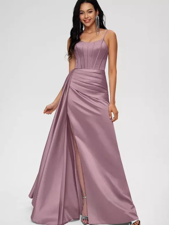 Bridesmaid Dress Ball Gown Floor-Length Zipper Elastic Woven Satin Wedding Party Dress