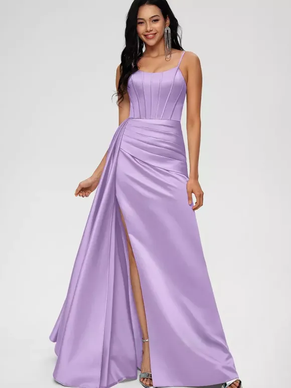 Bridesmaid Dress Ball Gown Floor-Length Zipper Elastic Woven Satin Wedding Party Dress