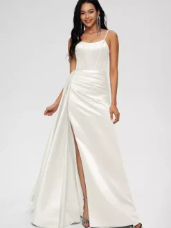 Bridesmaid Dress Ball Gown Floor-Length Zipper Elastic Woven Satin Wedding Party Dress