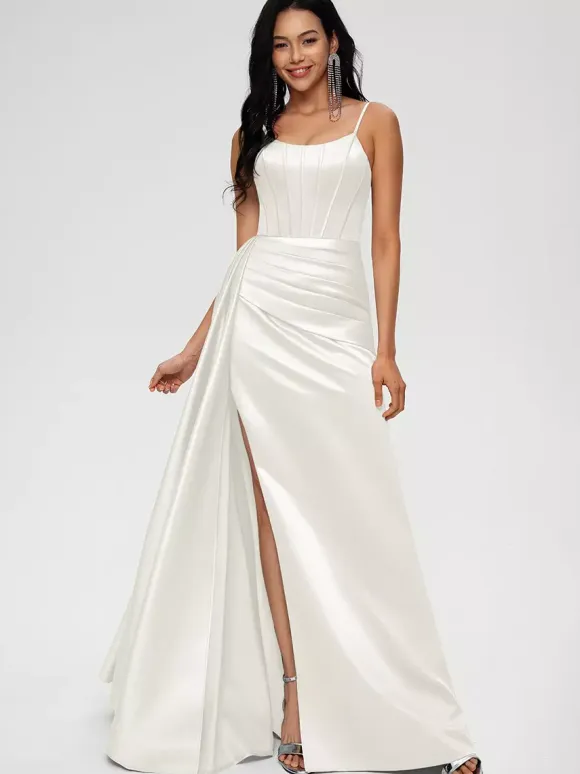 Bridesmaid Dress Ball Gown Floor-Length Zipper Elastic Woven Satin Wedding Party Dress