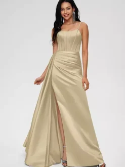 Bridesmaid Dress Ball Gown Floor-Length Zipper Elastic Woven Satin Wedding Party Dress