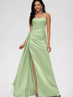 Bridesmaid Dress Ball Gown Floor-Length Zipper Elastic Woven Satin Wedding Party Dress