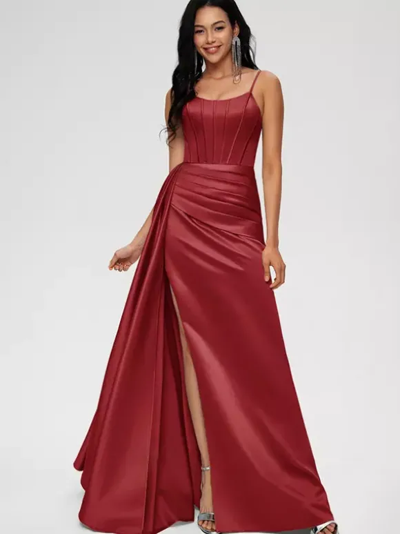 Bridesmaid Dress Ball Gown Floor-Length Zipper Elastic Woven Satin Wedding Party Dress