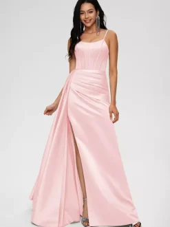 Bridesmaid Dress Ball Gown Floor-Length Zipper Elastic Woven Satin Wedding Party Dress