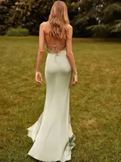 Bridesmaid Dress Satin Fabric Sheath With Train Wedding Party Dress