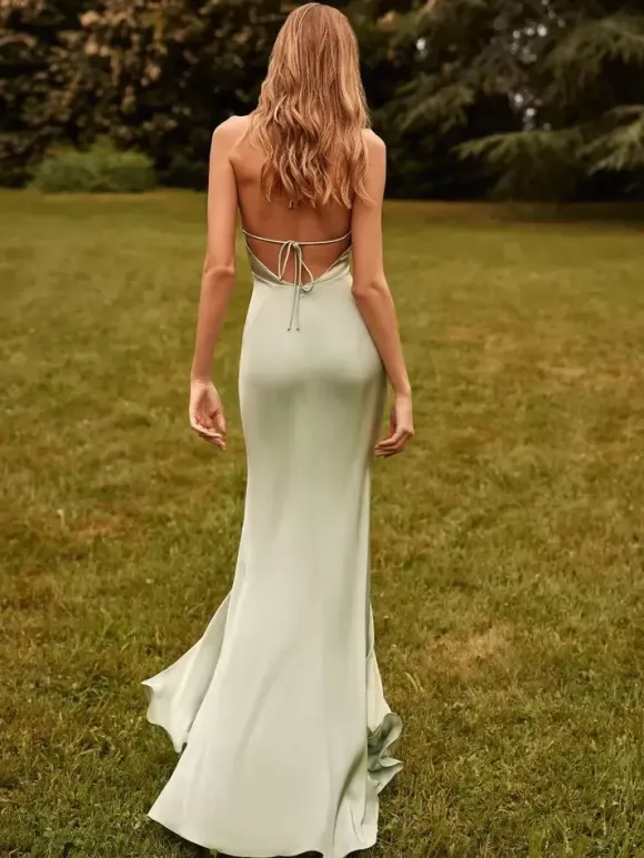 Bridesmaid Dress Satin Fabric Sheath With Train Wedding Party Dress