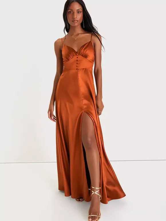 Bridesmaid Dress Spaghetti Straps Open Back High Slit A-Line Prom Maxi Dresses