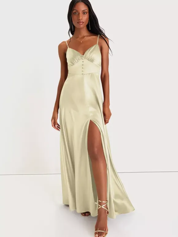 Bridesmaid Dress Spaghetti Straps Open Back High Slit A-Line Prom Maxi Dresses