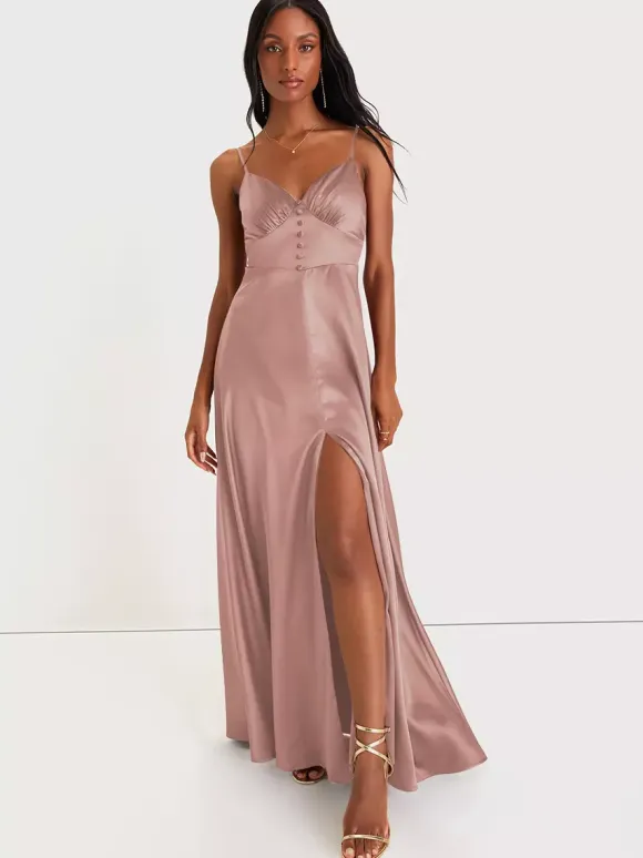 Bridesmaid Dress Spaghetti Straps Open Back High Slit A-Line Prom Maxi Dresses