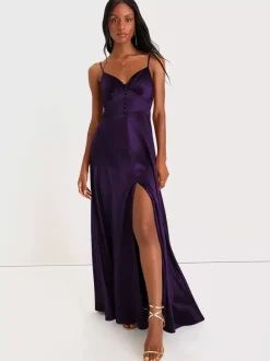 Bridesmaid Dress Spaghetti Straps Open Back High Slit A-Line Prom Maxi Dresses