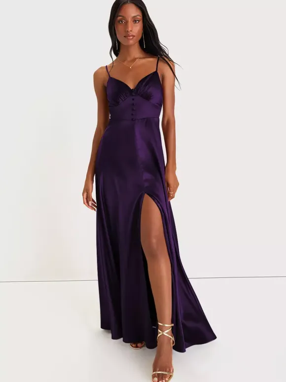 Bridesmaid Dress Spaghetti Straps Open Back High Slit A-Line Prom Maxi Dresses