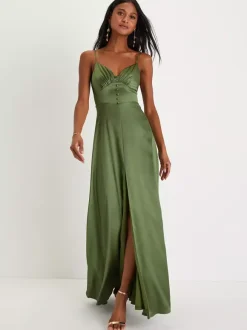 Bridesmaid Dress Spaghetti Straps Open Back High Slit A-Line Prom Maxi Dresses