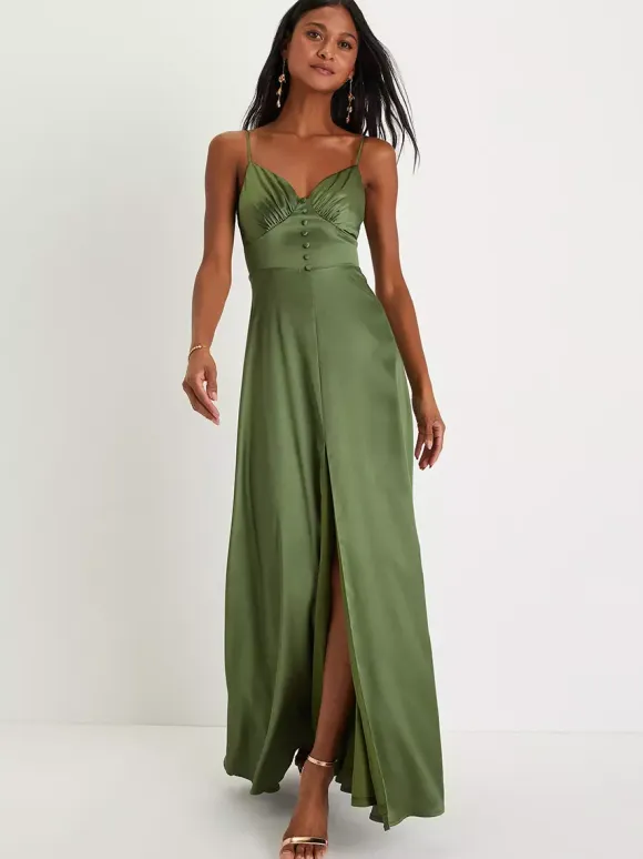 Bridesmaid Dress Spaghetti Straps Open Back High Slit A-Line Prom Maxi Dresses