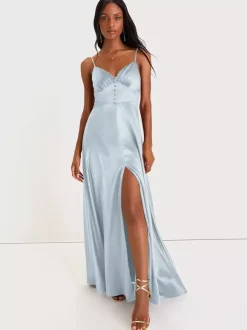 Bridesmaid Dress Spaghetti Straps Open Back High Slit A-Line Prom Maxi Dresses
