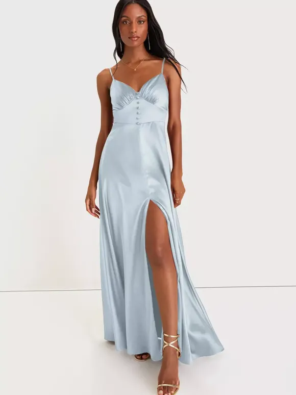 Bridesmaid Dress Spaghetti Straps Open Back High Slit A-Line Prom Maxi Dresses