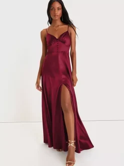 Bridesmaid Dress Spaghetti Straps Open Back High Slit A-Line Prom Maxi Dresses