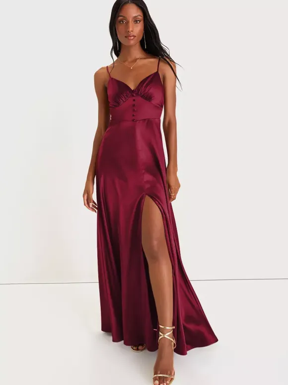 Bridesmaid Dress Spaghetti Straps Open Back High Slit A-Line Prom Maxi Dresses