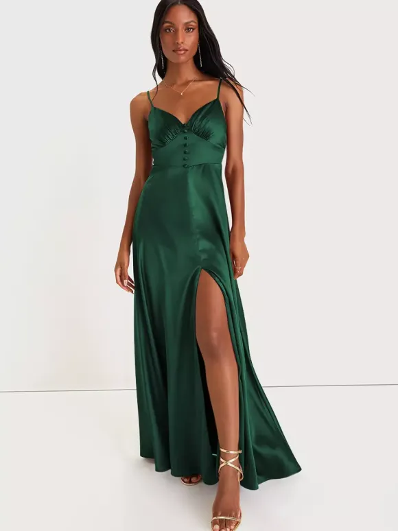 Bridesmaid Dress Spaghetti Straps Open Back High Slit A-Line Prom Maxi Dresses
