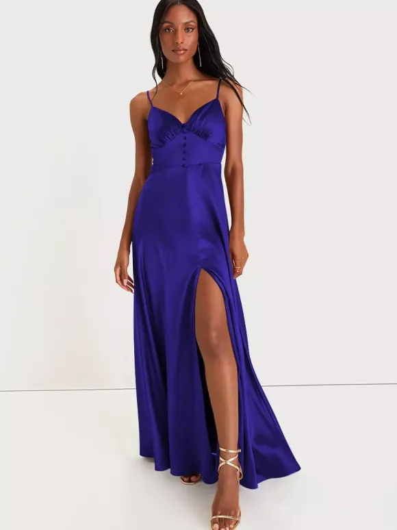 Bridesmaid Dress Spaghetti Straps Open Back High Slit A-Line Prom Maxi Dresses