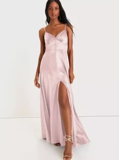 Bridesmaid Dress Spaghetti Straps Open Back High Slit A-Line Prom Maxi Dresses