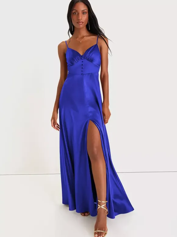 Bridesmaid Dress Spaghetti Straps Open Back High Slit A-Line Prom Maxi Dresses