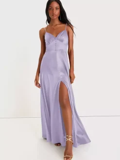 Bridesmaid Dress Spaghetti Straps Open Back High Slit A-Line Prom Maxi Dresses